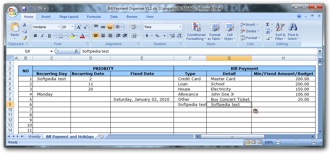 Spreadsheet personal billing Free Monthly