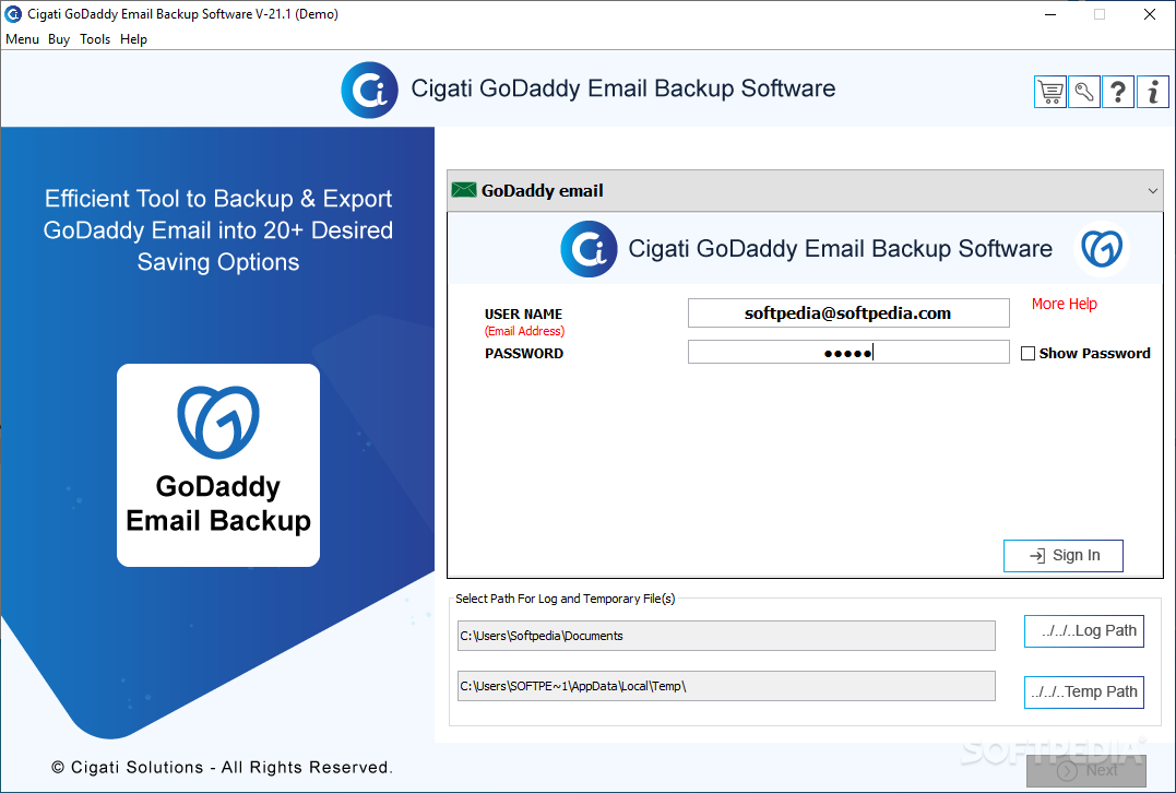 Cigati GoDaddy Email Backup Tool screenshot #0