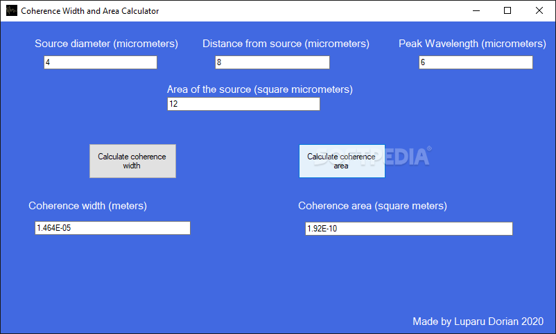 Coherence Width and Area Calculator screenshot #0