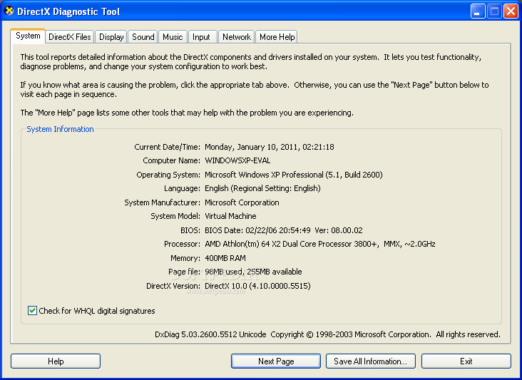 neueste Version von directx unter Windows XP sp3 herunterladen