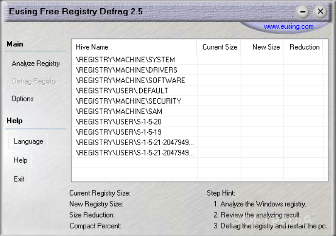 Eusing Free Registry Defrag screenshot #0