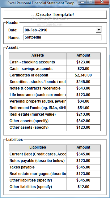 Download Excel Personal Financial Statement Template Software 7.0