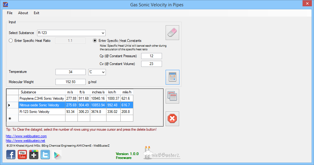 Gas Sonic Velocity in Pipes Calculator screenshot #0