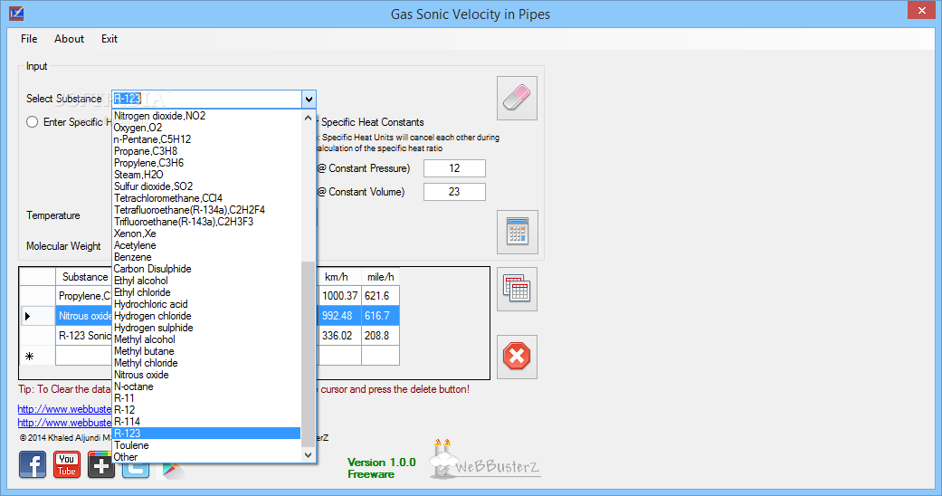 Gas Sonic Velocity in Pipes Calculator screenshot #1