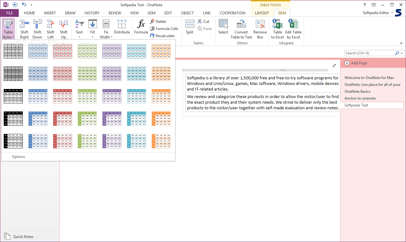 onenote gem sort on a page
