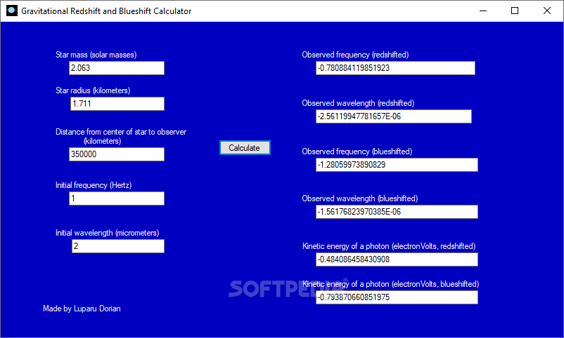 Gravitational Redshift and Blueshift Calculator screenshot #0