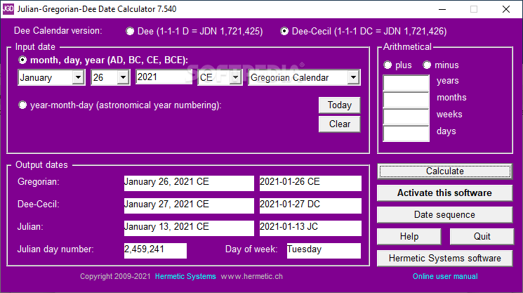 Julian-Gregorian-Dee Date Calculator, download Julian-Gregorian-Dee Date Ca...
