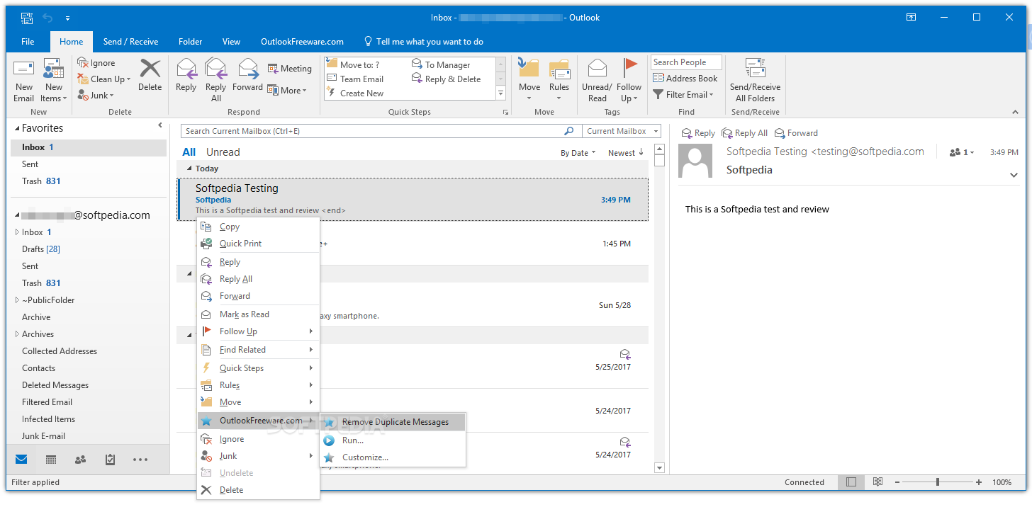 remove duplicate messages in outlook inbox.