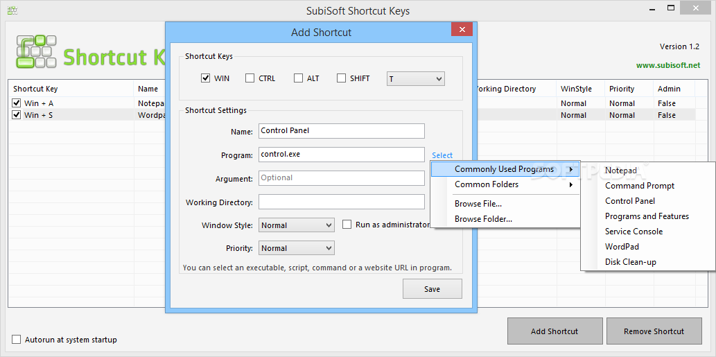 SubiSoft Shortcut Keys screenshot #1