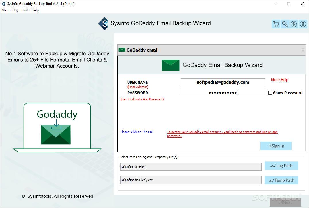 SysInfo GoDaddy Email Backup Software screenshot #0