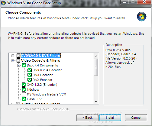 Windows теперь загружает пакет кодеков vista