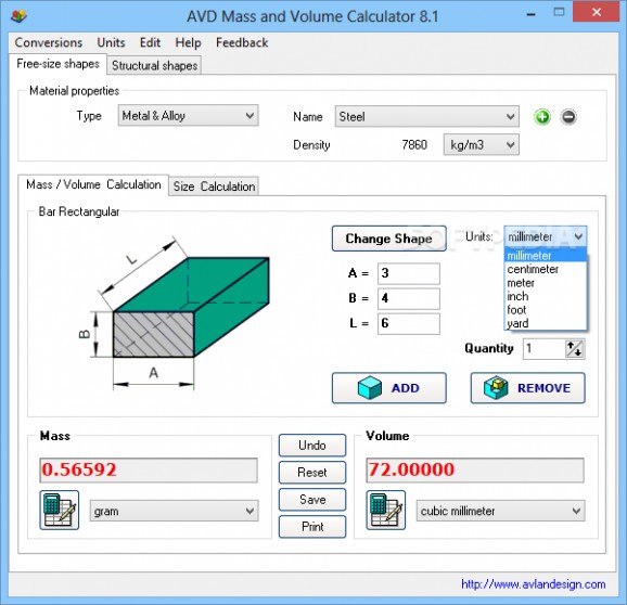 AVD Mass and Volume Calculator screenshot