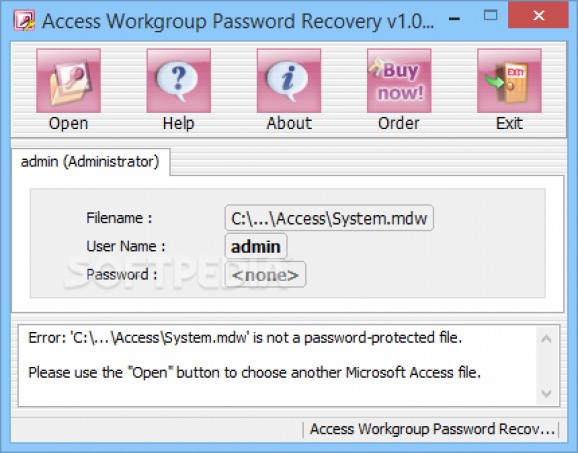 Access Workgroup Password Recovery screenshot