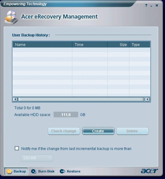 Acer eRecovery Management screenshot