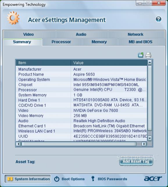 Acer eSettings Management screenshot