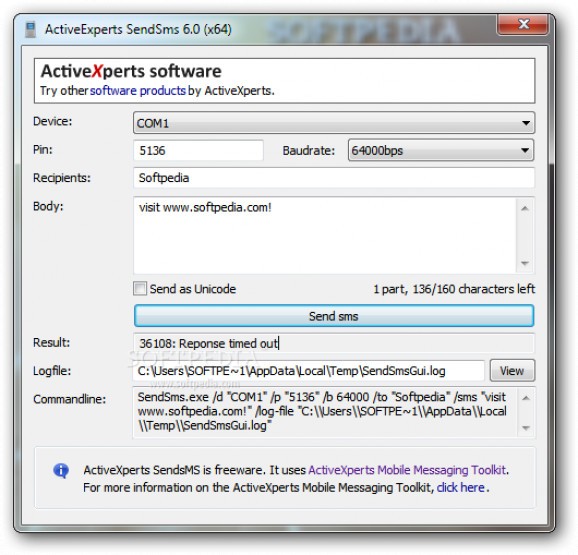 ActiveXperts SendSMS screenshot