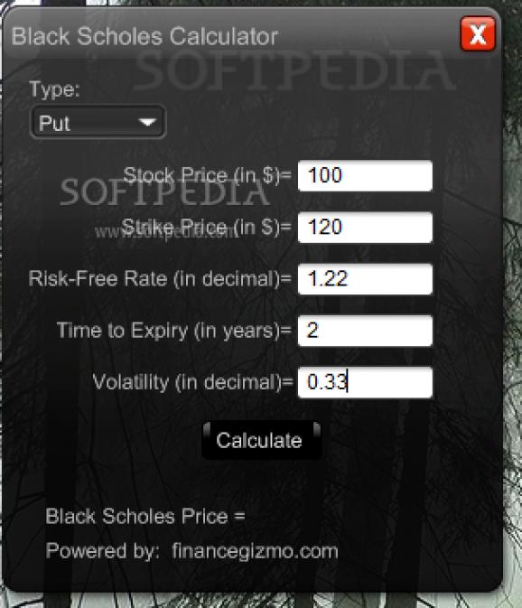 Black Scholes Option Value Calculator screenshot