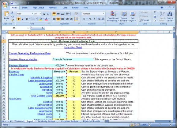 Business Valuation Model Excel screenshot