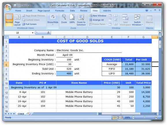 COGS Calculator screenshot