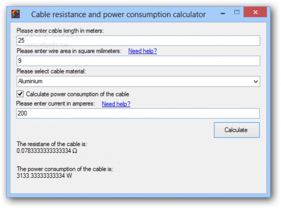 Cable resistance and power consumption calculator screenshot