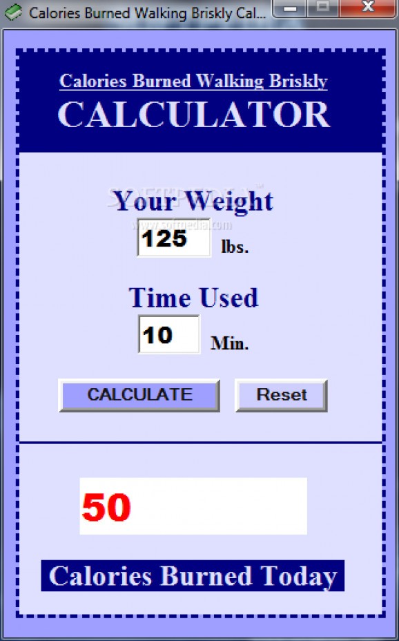 Calories Burned Walking Briskly Calculator screenshot