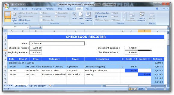 Checkbook Register screenshot