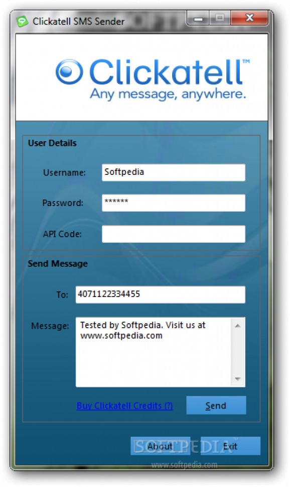 Clickatell SMS Sender screenshot