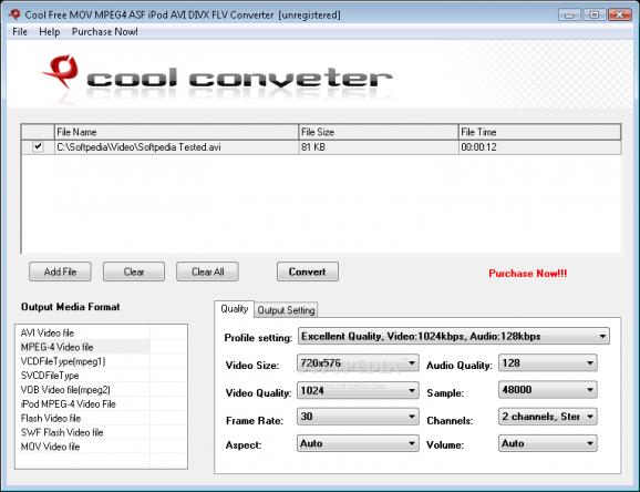 Cool Free MOV MPEG4 ASF iPod AVI DIVX FLV Converter screenshot