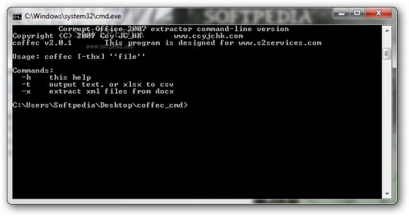 Corrupt Office 2007 extractor command-line screenshot
