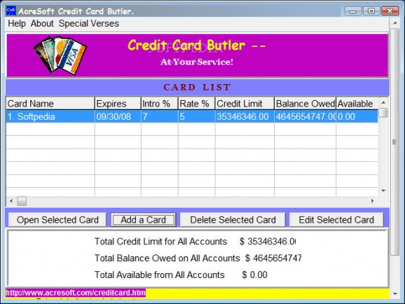 Credit Card Butler Software screenshot