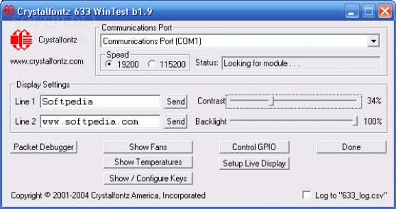 Crystalfontz 633 WinTest screenshot