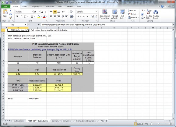 DMP / Sigma Level Calculator screenshot