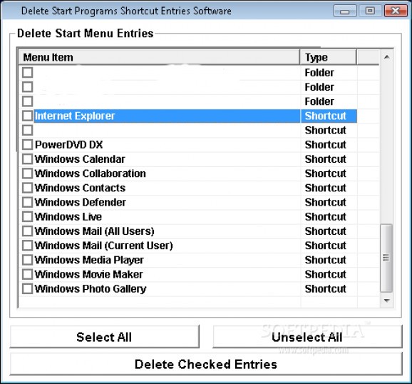 Delete Start Programs Shortcut Entries Software screenshot