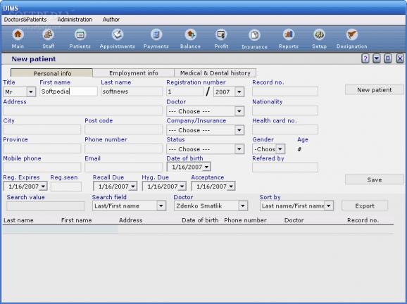 Dental information management software screenshot