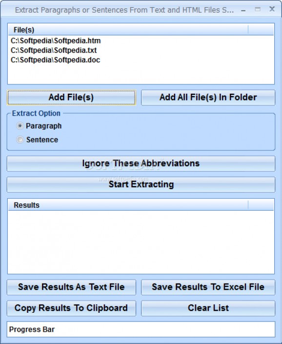 Extract Paragraphs or Sentences From Text and HTML Files Software screenshot