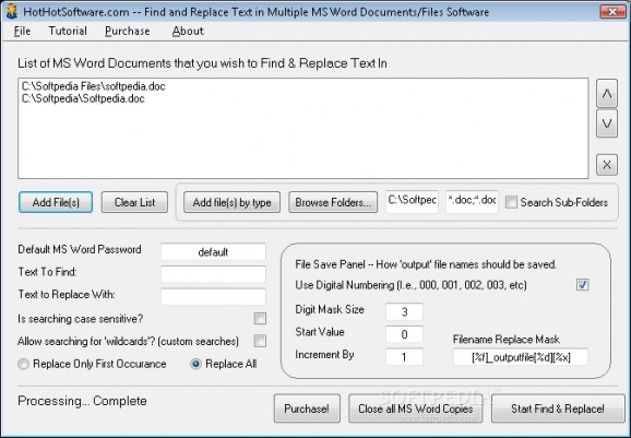 Find and Replace Text in Multiple MS Word Documents/Files Software screenshot