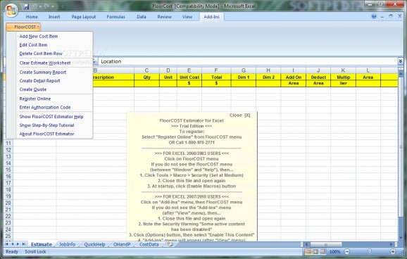 FloorCOST Estimator for Excel screenshot