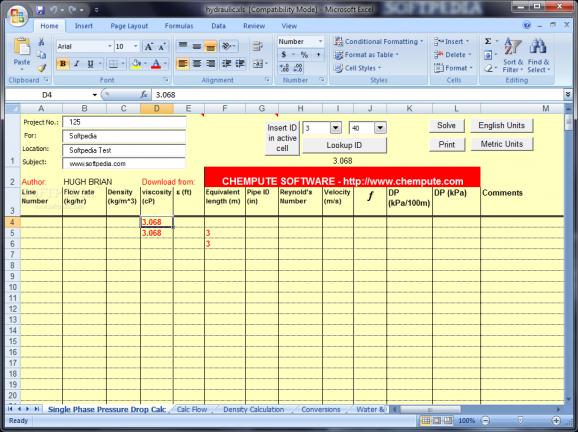 Free Hydraulic Calculator For Excel screenshot