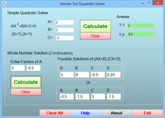 Hertzer Tec Quadratic Solver screenshot