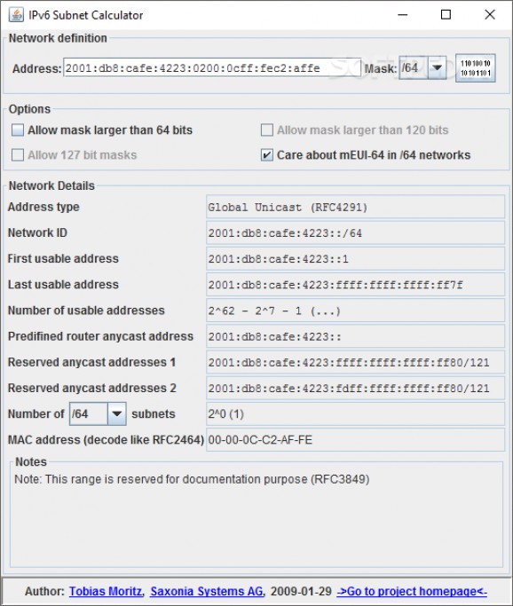 IPv6SubnetCalc screenshot