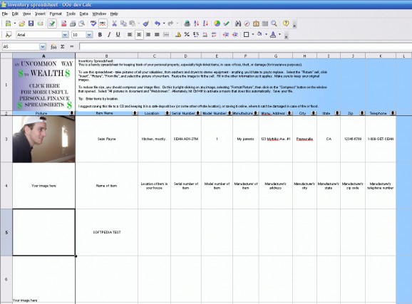 Inventory spreadsheet screenshot