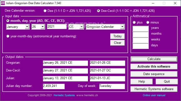 Julian-Gregorian-Dee Date Calculator screenshot