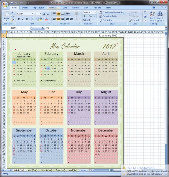 Julian and Gregorian Excel Calendar screenshot