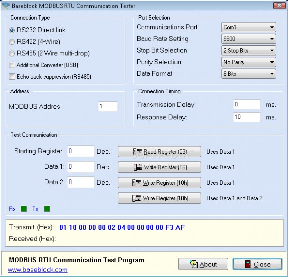 MODBUS RTU Communication Tester screenshot