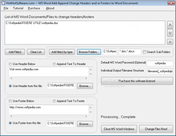 MS Word Add Append Change Headers and or Footers to Multiple Word Documents screenshot