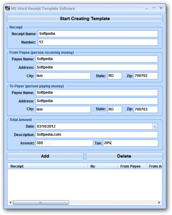MS Word Receipt Template Software screenshot