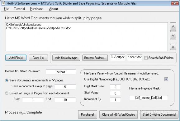 MS Word Split, Divide and Save Pages into Separate or Multiple Files screenshot
