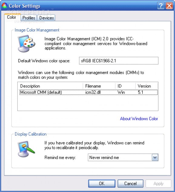 Microsoft Color Control Panel Applet for Windows XP screenshot