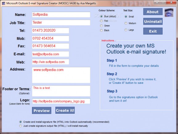 Microsoft Outlook E-mail Signature Creator screenshot