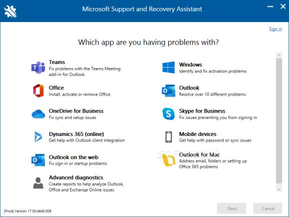 Microsoft Support and Recovery Assistant (SaRA) screenshot